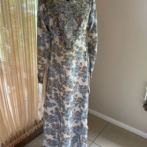 Elegant Blue and Gold Patterned Dress